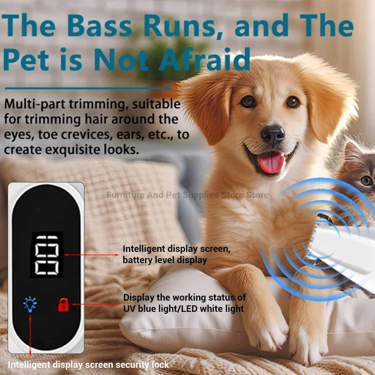 New LED/UV light dog paw trimmer fully waterproof pet hair trimmer with LED anti misoperation display screen dog and cat trimmer