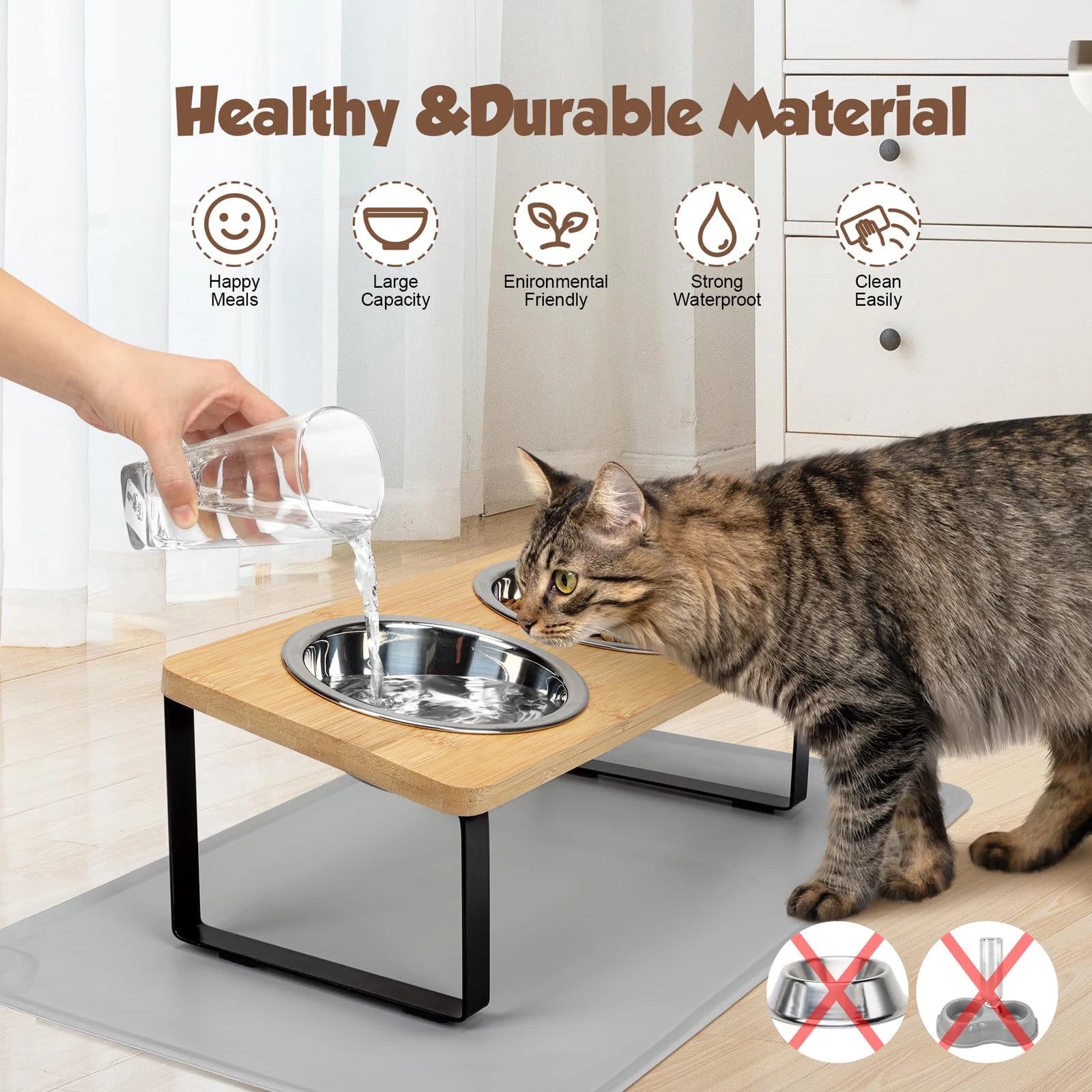Elevated Cat Bowls with Food Mat 15° Tilted Stand Raised Cat Dishes for Food and Water Feeder 2 Stainless Steel Bowls for Cats