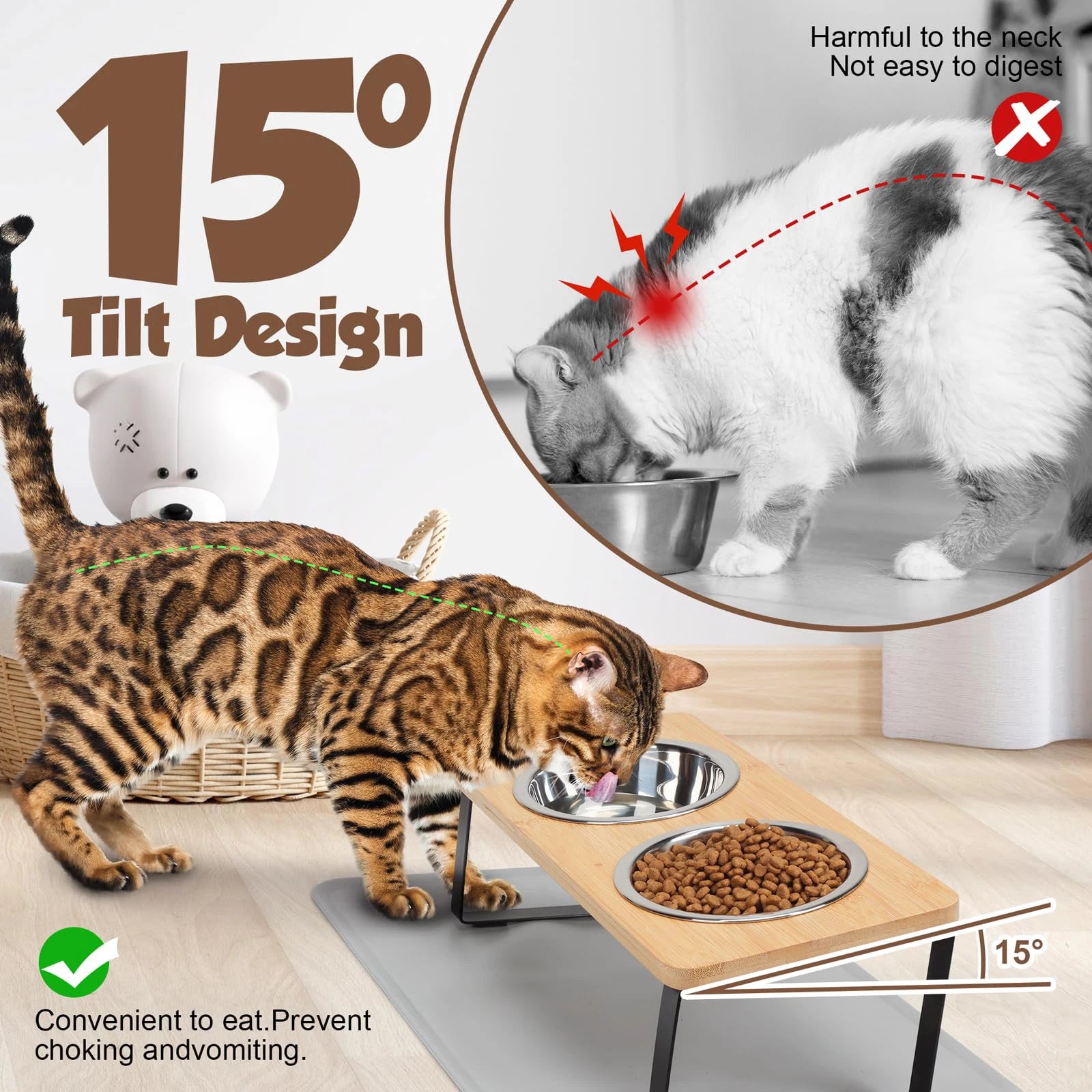 Elevated Cat Bowls with Food Mat 15° Tilted Stand Raised Cat Dishes for Food and Water Feeder 2 Stainless Steel Bowls for Cats