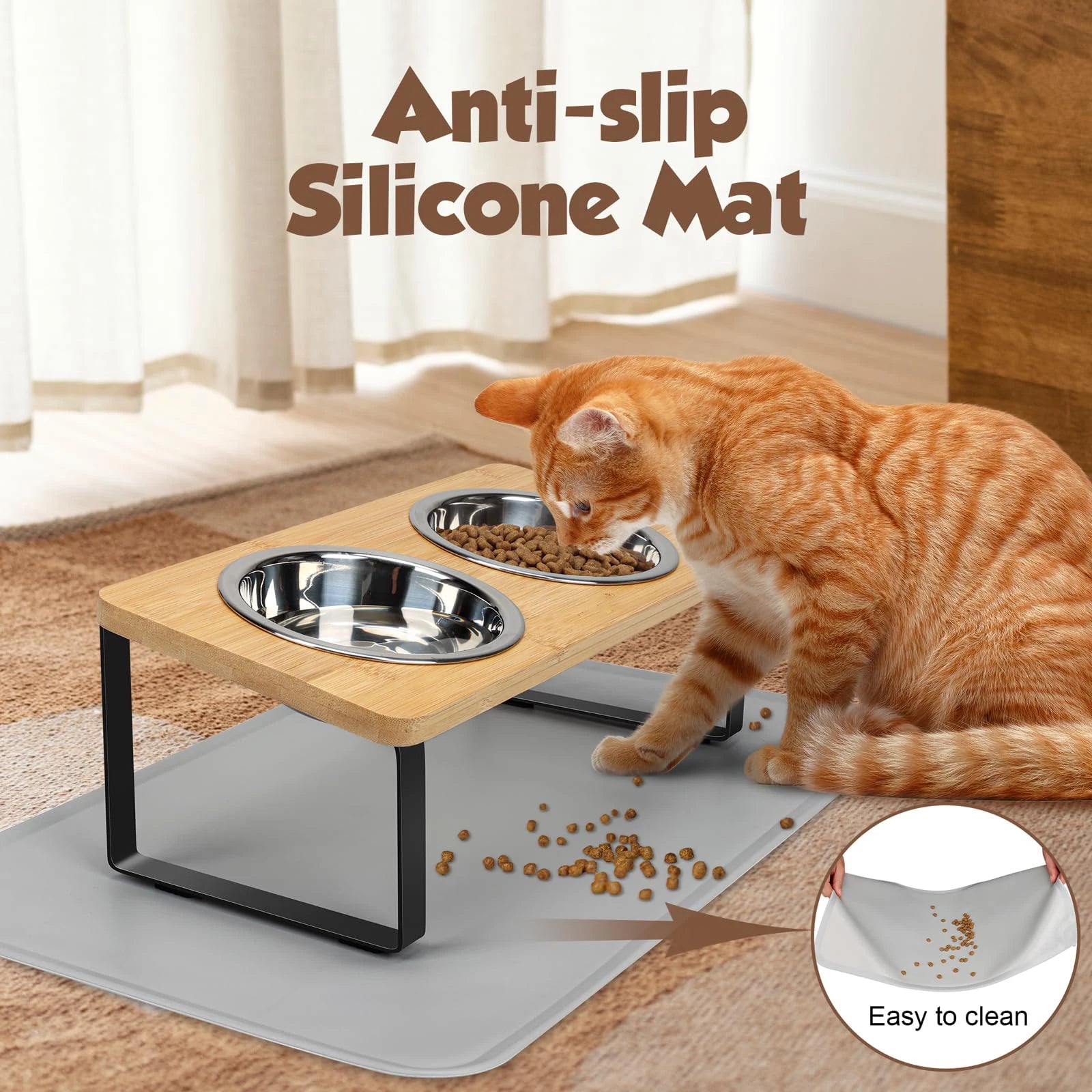 Elevated Cat Bowls with Food Mat 15° Tilted Stand Raised Cat Dishes for Food and Water Feeder 2 Stainless Steel Bowls for Cats