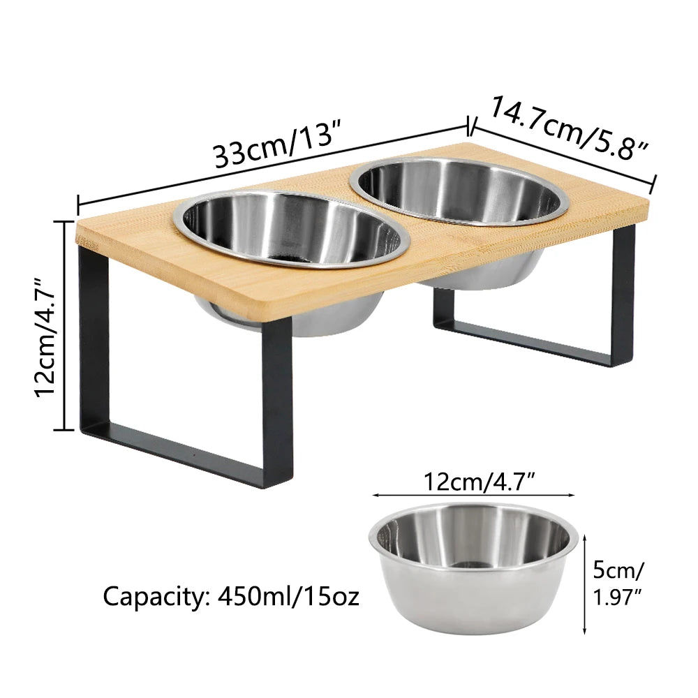 Elevated Cat Bowls with Food Mat 15° Tilted Stand Raised Cat Dishes for Food and Water Feeder 2 Stainless Steel Bowls for Cats