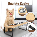 Elevated Cat Bowls with Food Mat 15° Tilted Stand Raised Cat Dishes for Food and Water Feeder 2 Stainless Steel Bowls for Cats
