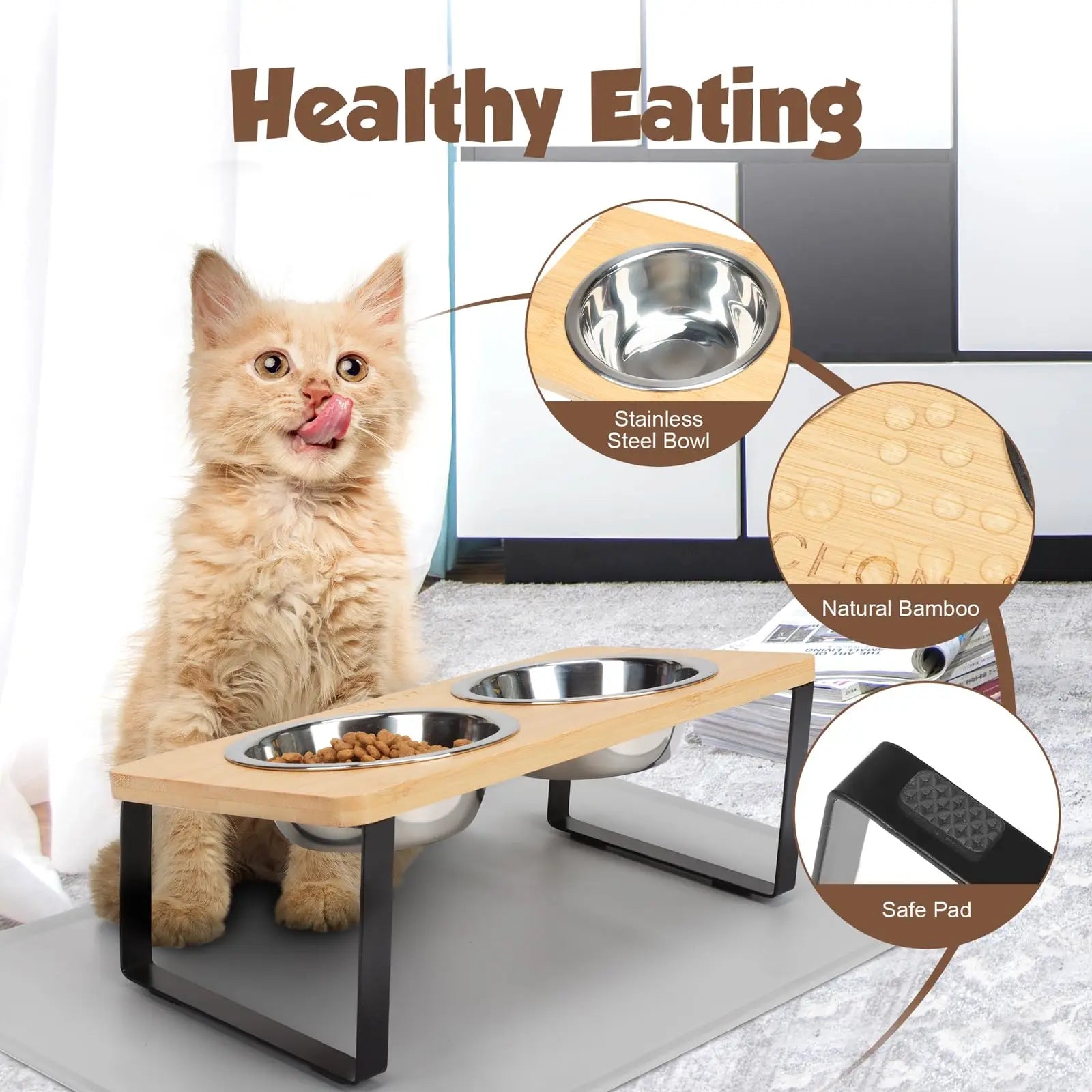 Elevated Cat Bowls with Food Mat 15° Tilted Stand Raised Cat Dishes for Food and Water Feeder 2 Stainless Steel Bowls for Cats