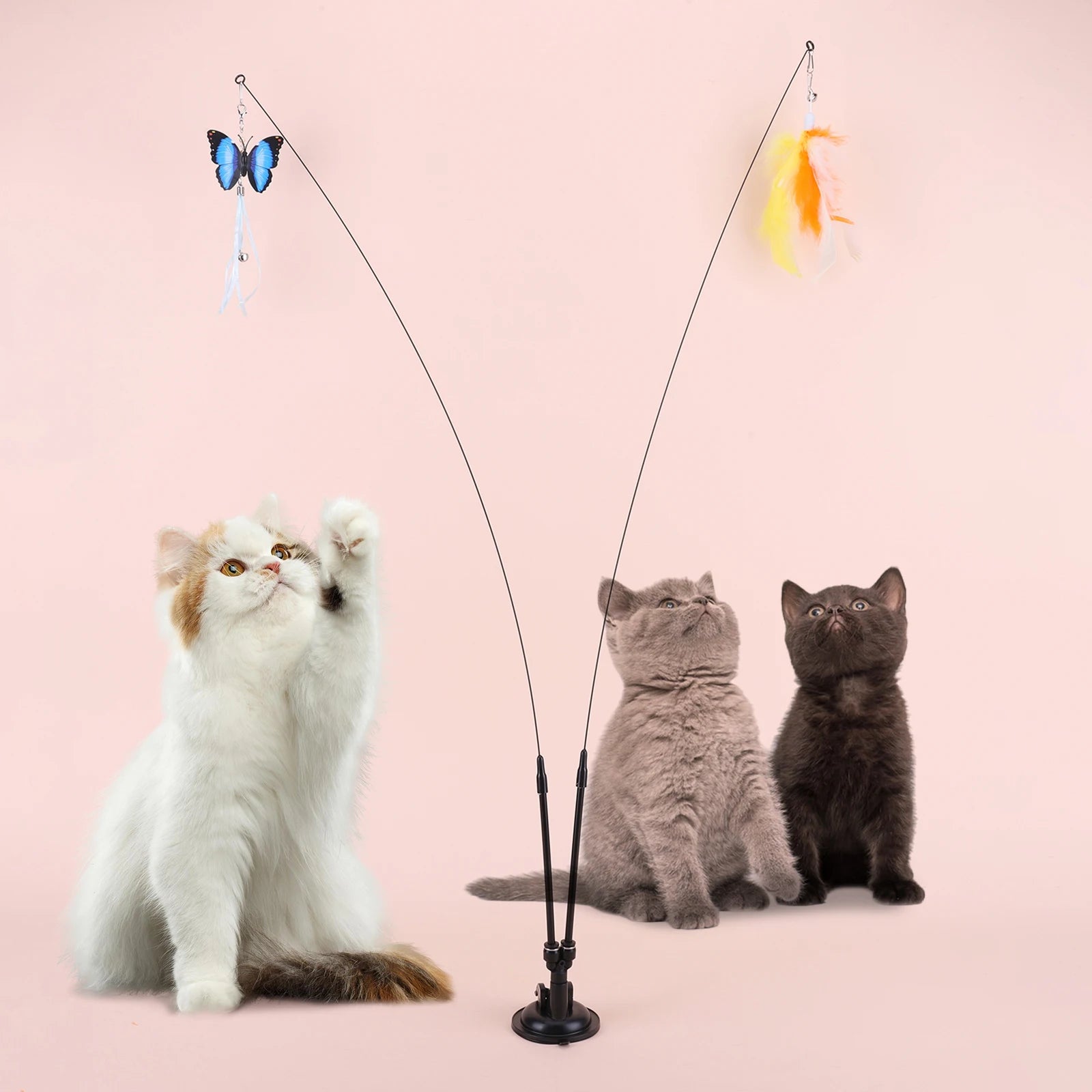 Pet Cat Toy Set Replacement Head Toy Suit Double Headed Interactive Cat Toy Handfree Cat Toy Stick for Floor Glass Door Panel