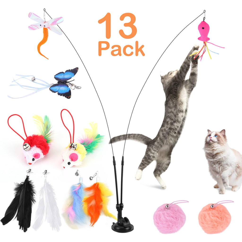 Pet Cat Toy Set Replacement Head Toy Suit Double Headed Interactive Cat Toy Handfree Cat Toy Stick for Floor Glass Door Panel