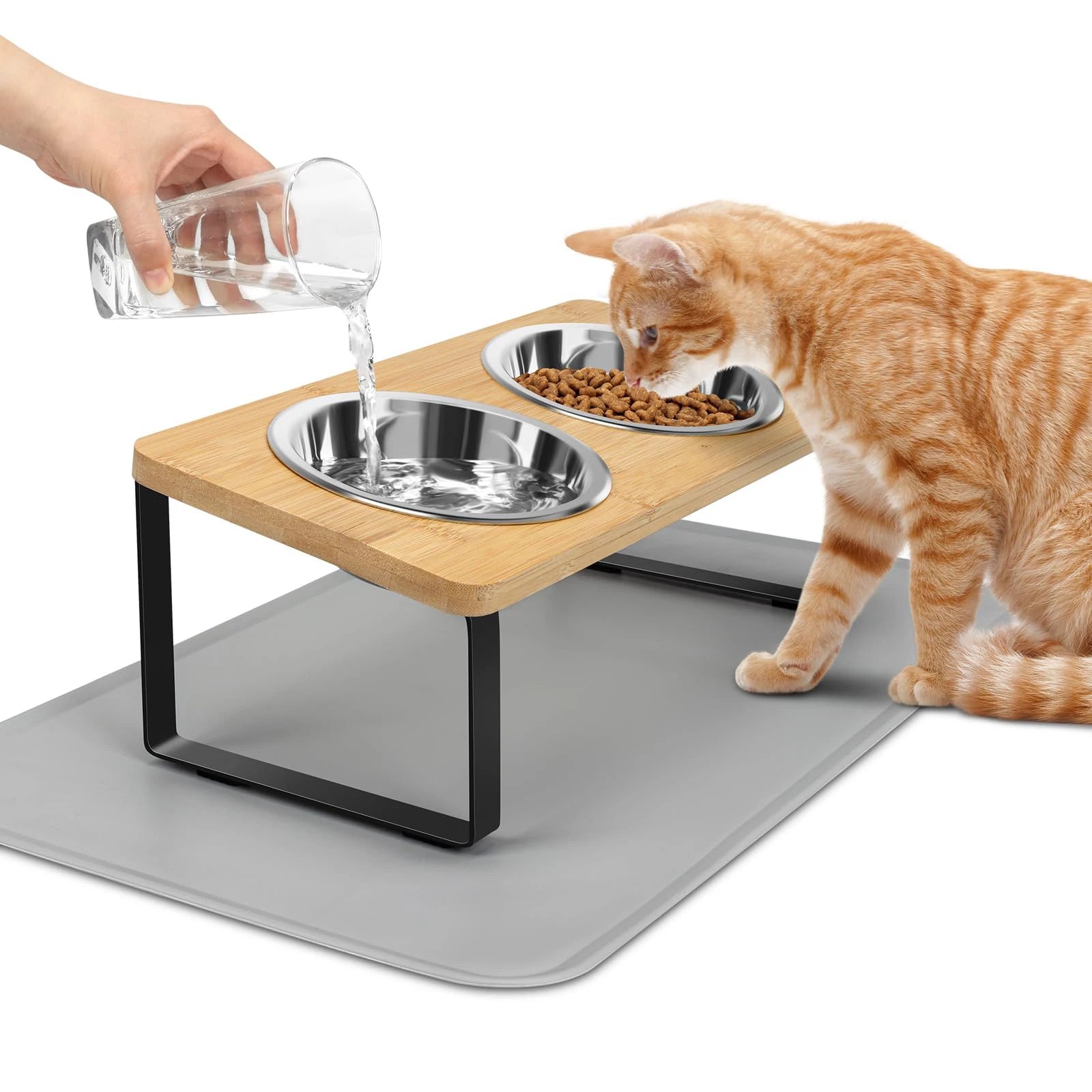 Elevated Cat Bowls with Food Mat 15° Tilted Stand Raised Cat Dishes for Food and Water Feeder 2 Stainless Steel Bowls for Cats